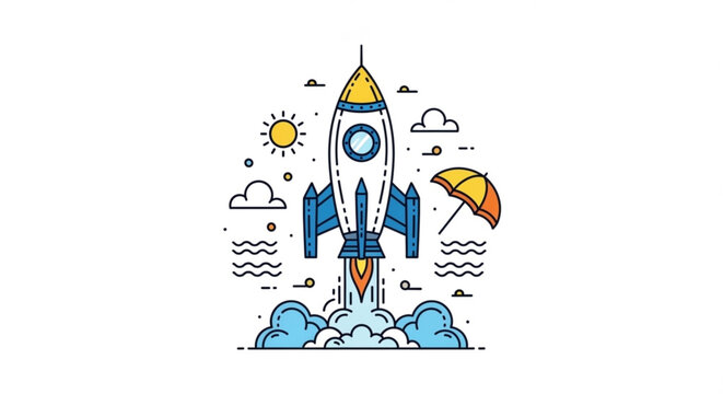 A colorful vector graphic illustration of a rocket ship launching into the sky with clouds and sun