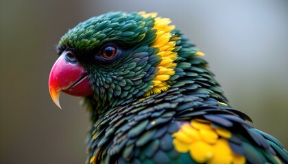Fototapeta premium The image features a close up of a brightly colored bird, highlighting its vibrant plumage and striking features