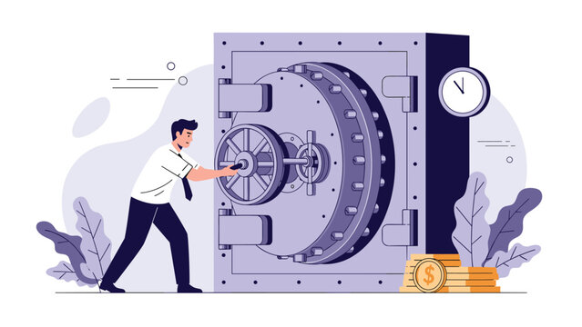 Professional man in a white shirt and tie turning the heavy steel wheel handle of a large bank vault door.