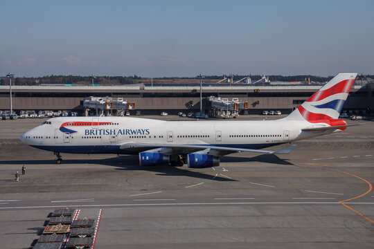 Narita, Chiba Japan - 2010 December 09: A British Airways Boeing 747-400 (G-BNGA) parked on the apron at Narita International Airport (NRT).