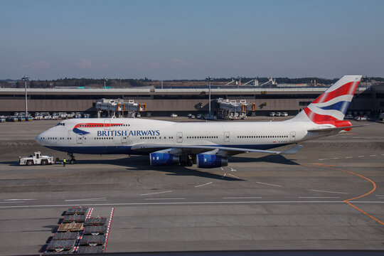 Narita, Chiba Japan - 2010 December 09: A British Airways Boeing 747-400 (G-BNGA) parked on the apron at Narita International Airport (NRT).