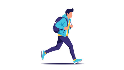 Dynamic illustration of a young man with a backpack running quickly as if late for school or work against a white background.