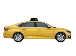 Bright yellow taxi car with a black TAXI sign on the roof, an urban transport isolated, side view PNG for city travel and transportation © Saoirse