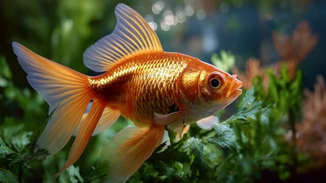 A Close-Up View of a Vibrant Goldfish Swimming Gracefully Among Lush Green Aquatic Plants, Showcasing Its Beautiful Coloration and Graceful Movements