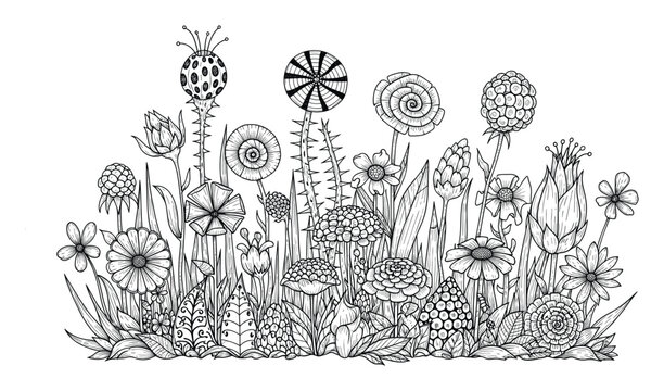 Intricate black and white drawing of diverse stylized botanical forms and imagined garden flowers with unique textures perfect for adult coloring books, educational printables, and