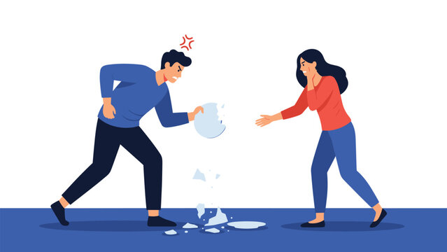 Angry man and woman having a heated argument in a room where the man is breaking a ceramic plate on the floor out of frustration.