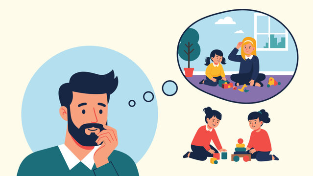 Bearded man daydreaming and reminiscing about happy childhood memories of playing with toys and his mother at home.