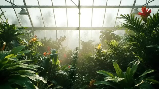 Vibrant interior of a botanical greenhouse, bathed in soft, diffused sunlight, nurturing a diverse array of lush green plants and exotic blooming flowers, creating a serene and thriving ecosystem