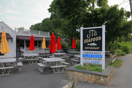 Brewster, MA, USA - July 29th 2025 - JT's seafood restaurant and ice cream stand is a beloved summer stop for Cape Cod vacationers
