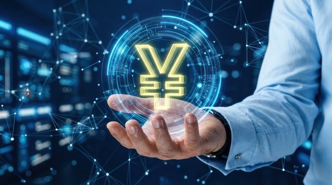 Businessman hand holding glowing Japanese Yen currency symbol hologram for global finance and digital banking technology concept