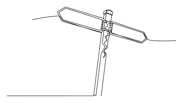 Continuous line drawing of a blank directional signpost offering choices and potential paths, useful for concepts of decisionmaking, future planning, or journey metaphors.