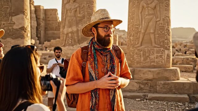 Tour guide explaining ancient ruins to group