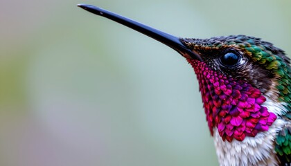 Fototapeta premium The image features a close up of a hummingbird, capturing its vibrant and iridescent plumage