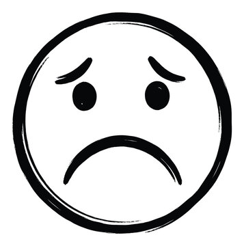 Hand drawn sad face emoticon with a distressed brushstroke appearance expressing negative feelings or disappointment, useful for conveying low mood in various communication materials.