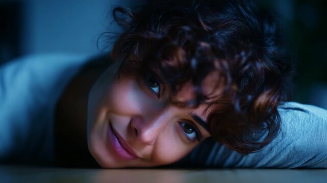 A Young Woman with Curly Hair Captured in Two Emotional Frames, Transitioning from Pensive to Radiant Expressions in Soft, Dim Lighting Atmosphere
