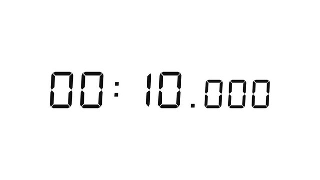 7 digits black digital countdown timer starting at 00:15:00 (15 seconds) on white background, featuring crisp seven-segment numerals with minutes, seconds, and milliseconds displayed prominently.