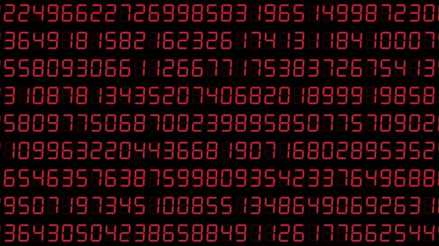 Randomly changing red numeric code text on black background, wide format, resembling a system monitoring display and abstract system log style. 4K motion graphics.