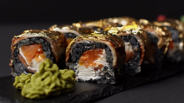 Luxury golden sushi rolls with salmon, eel, cream cheese, and black rice rotating on a slate plate, offering an exclusive Japanese seafood dining experience