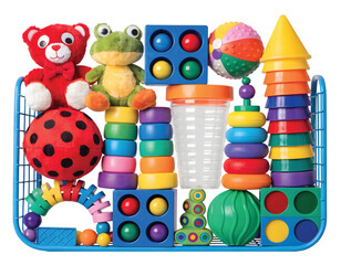 Obraz premium Kids Toy Rack with Colorful Toys: A playful rack filled with colorful children's toys such as blocks, stuffed animals, and educational toys, vibrant and cheerful arrangement, PNG format