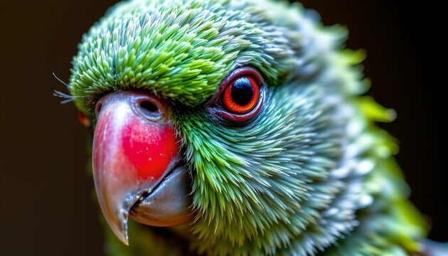The image features a close up of a colorful parrot with vibrant green feathers covering most of its head