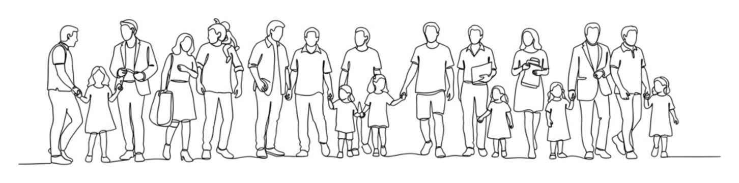 A seamless one line depiction of diverse individuals and families standing side by side, symbolizing unity and community for various social and demographic purposes.