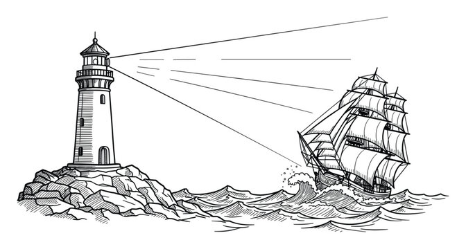 Coastal lighthouse projecting a guiding light across the stormy ocean towards a majestic sailing ship navigating rough waves, perfect for maritime adventure publications or historical