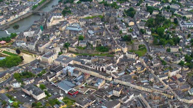 A panorama aerial view of the City La Fleche in France. On a sunny noon in summer beside the old town.