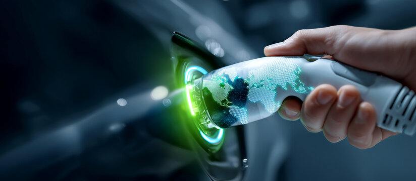 Hand Plugging in Electric Vehicle Charger with Glowing World Map Overlay Symbolizing Global Green Energy Solutions