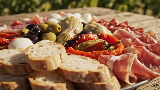 Delicious appetizer platter with assorted meats, cheeses, olives, sun-dried tomatoes, and bread slices on a wooden table outdoors