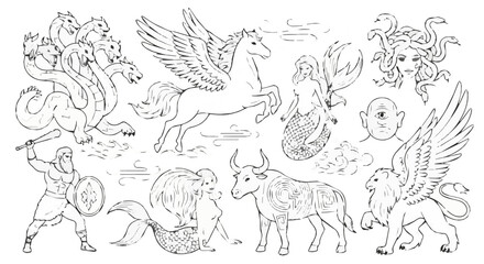 Obraz premium A collection of mythical creatures in a minimalist line art illustration style