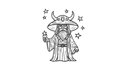 Obraz premium A mystical wizard with a long beard and horns on his hat, surrounded by stars, in a simple line art style