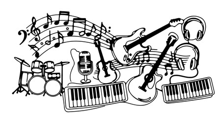 Obraz premium A vector graphic illustration of various musical instruments and notes in a flat, minimalist design style