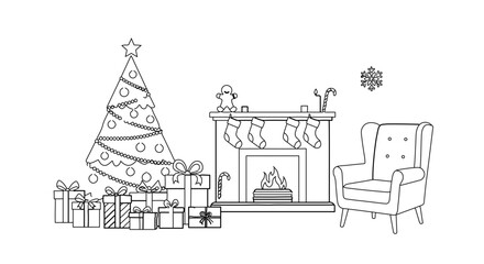 Fototapeta premium A festive holiday scene featuring a decorated Christmas tree, fireplace, and armchair in a minimalist line art style