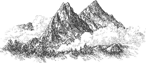 Obraz premium Detailed hand drawn mountain landscape with rocky peaks and forested foothills surrounded by mist