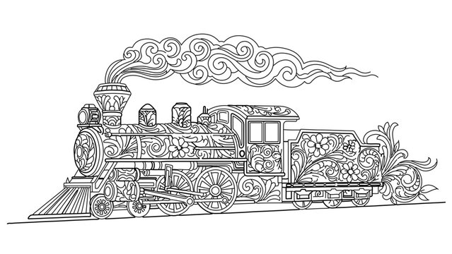 A vintage steam train with intricate designs and swirling smoke in a minimalist line art style