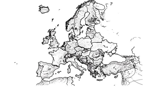 Outline Map of Europe with Country Borders and Topographical Features.