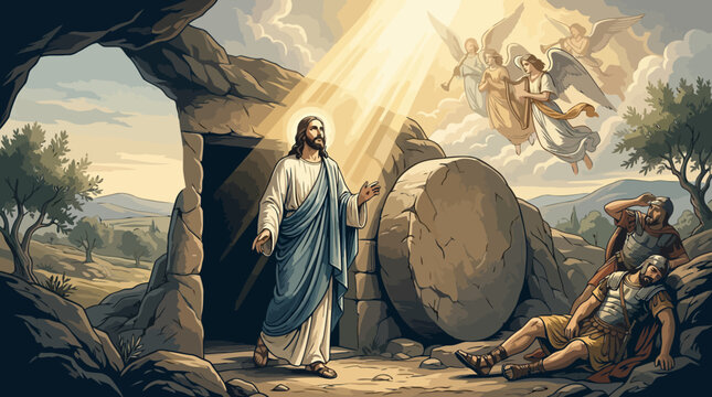 Jesus Christ Rises from Tomb in Glorious Resurrection Scene.
