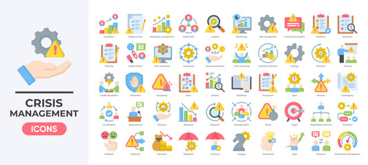 Obraz premium Crisis management icon set featuring risk control, emergency response, recovery planning, and communication icon. Simple flat color vector.