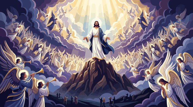 Jesus Christ surrounded by angels ascending to heaven.