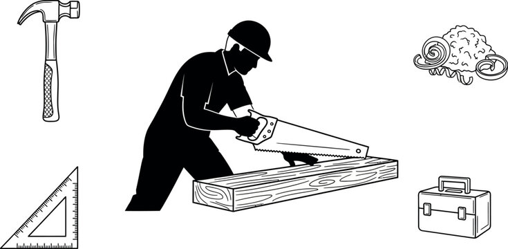 Carpenter, woodworking tools, construction icons, black and white vector