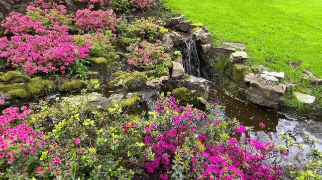 Crystal clear water stream running down in form of cascade at world famous Keukenhof tulip garden, peaceful spring scene from tourist attraction Dutch botanical park in Lisse, the Netherlands