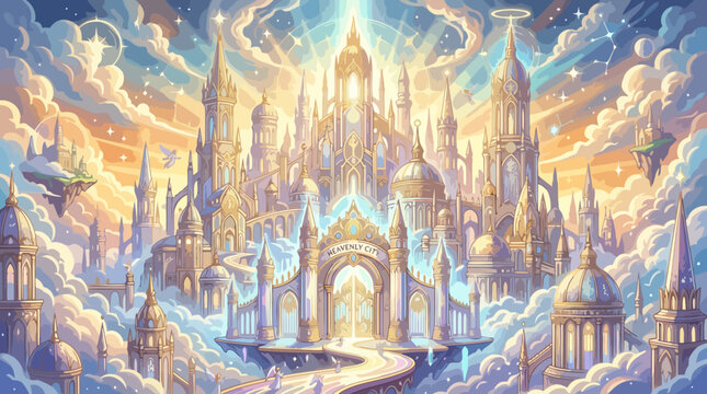 Heavenly Kingdom Majestic Golden City in the Clouds.