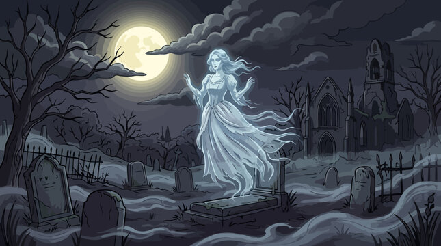 Ethereal Ghostly Figure Floating in Moonlit Night.