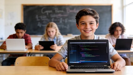 Fototapeta premium Happy student showing coding project on laptop in classroom, digital learning and programming education concept, modern school technology and young developer skills with computers