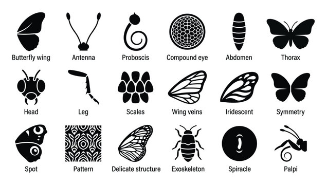 Comprehensive insect anatomy icon set featuring butterfly wings, antennae, proboscis, compound eyes, legs, scales, and other unique biological structures, ideal for educational resources