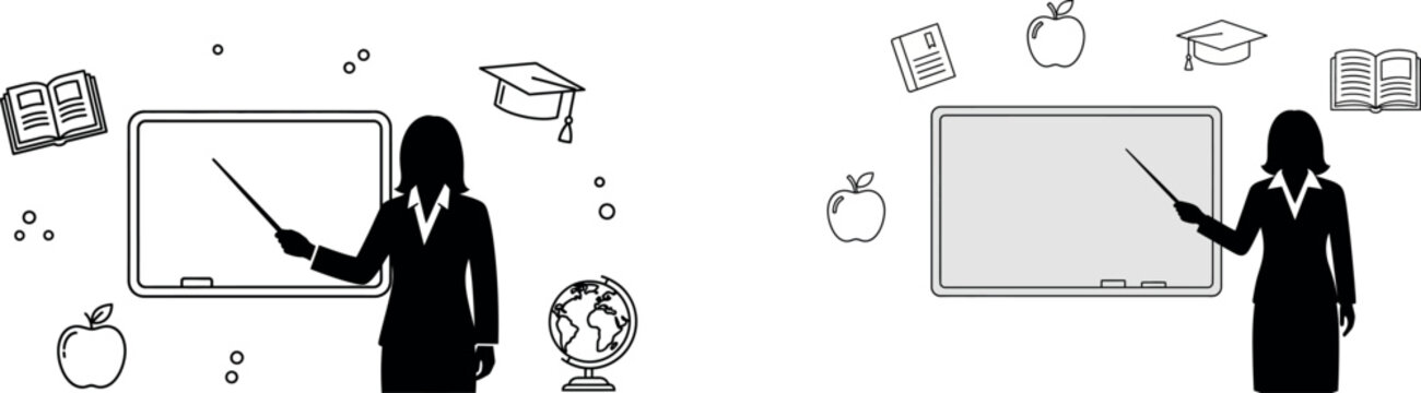 Education icons, teacher illustrations, black and white, school symbols, vector graphics