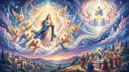 Naklejka premium Divine Vision of Mary and Angels in Heavenly Light.