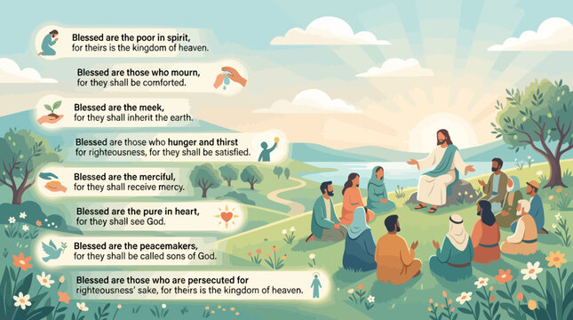 Jesus Christ delivering the Sermon on the Mount to a gathering of disciples and followers, illustrating biblical teachings and parables.