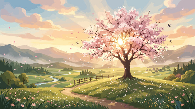 Beautiful Cherry Blossom Tree in a Vibrant Spring Landscape.