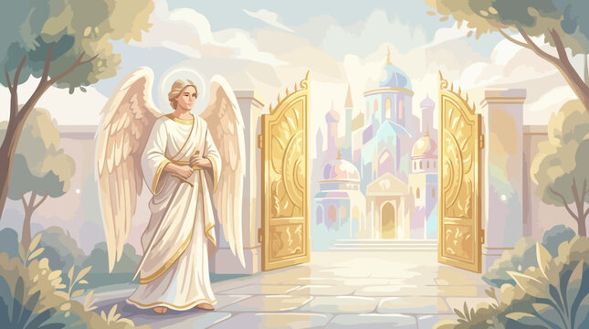 Divine Angel Standing Guard at the Golden Gates of Heaven.